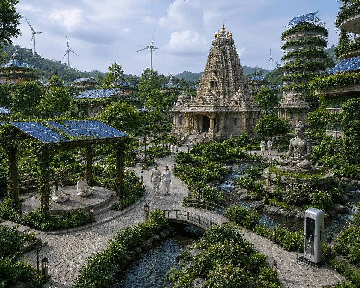 Smart green infrastructure integrating sustainable landscaping, solar energy, intelligent irrigation, eco-friendly lighting, and digital monitoring for spiritual campuses.